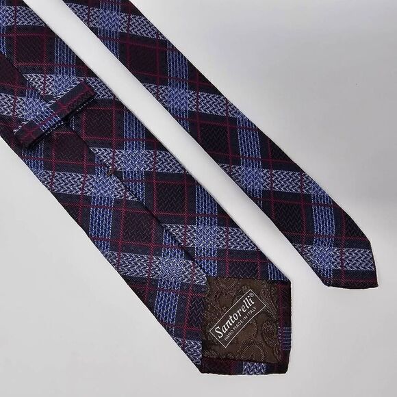 SANTORELLI HAND MADE ITALY SILK TIE BLUE RED TEXTURED PLAID LUXURY 3.5" X 59" - Picture 2 of 2